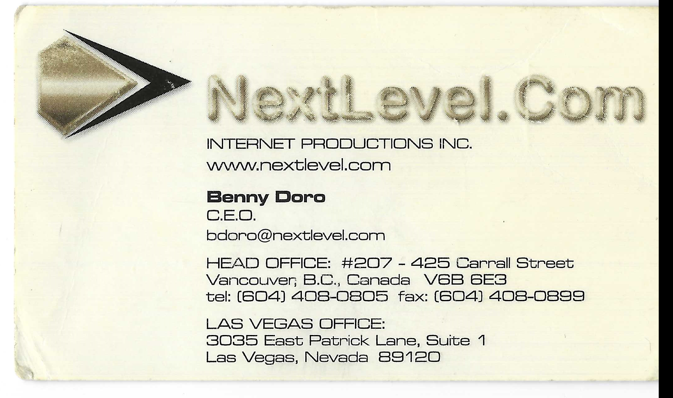 Original NextLevel.Com business card identifying Benny Doro as CEO